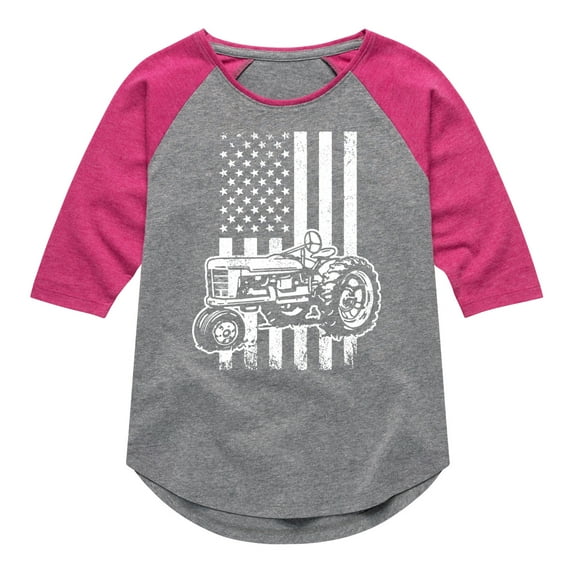 Instant Message - Tractor American Flag - Toddler & Youth Girls Raglan Graphic T-Shirt