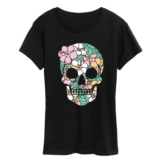 Instant Message - Tropical Floral Skull Short Sleeve Graphic T-Shirt
