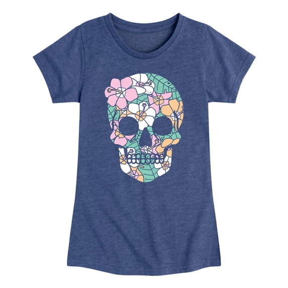Instant Message - Tropical Floral Skull Fitted Short Sleeve Graphic T-Shirt