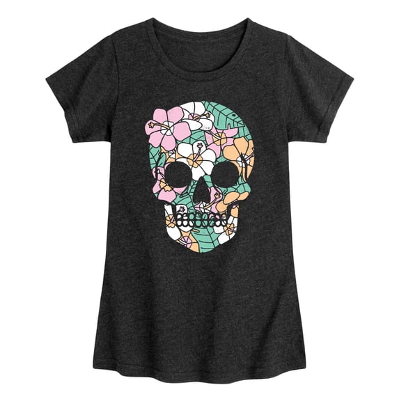 Instant Message - Tropical Floral Skull Fitted Short Sleeve Graphic T-Shirt