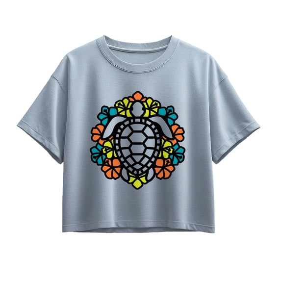 Instant Message - Tropical Flowers and Turtle - Youth Girls Boxy T-Shirt