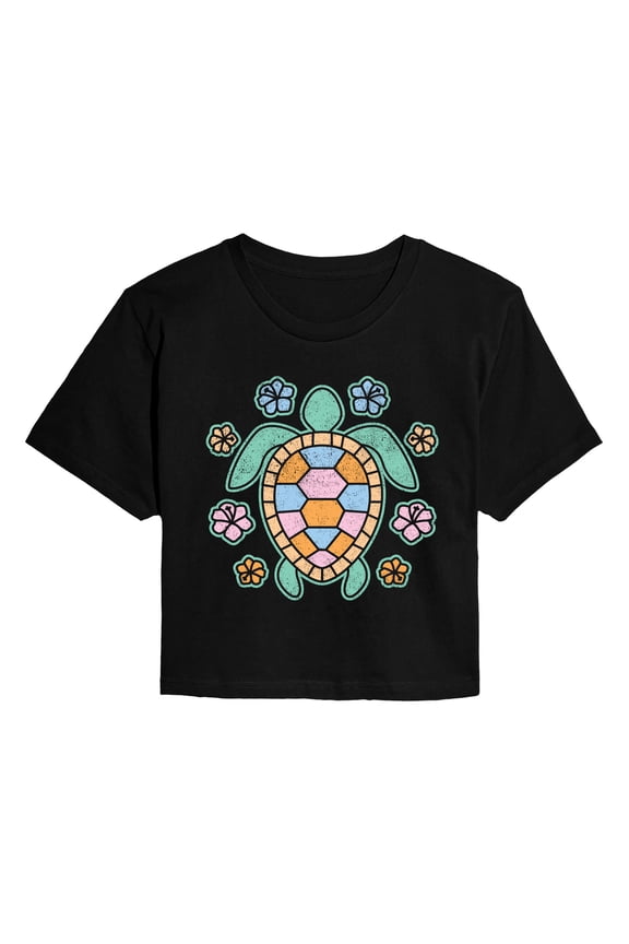 - Turtle and Flowers - Juniors Cropped Graphic T-Shirt