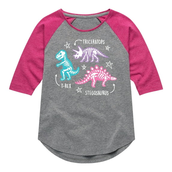 Instant Message - Type of Dinosaurs - Triceratops, T-Rex, Stegosaurus - Toddler & Youth Girls Raglan Graphic T-Shirt