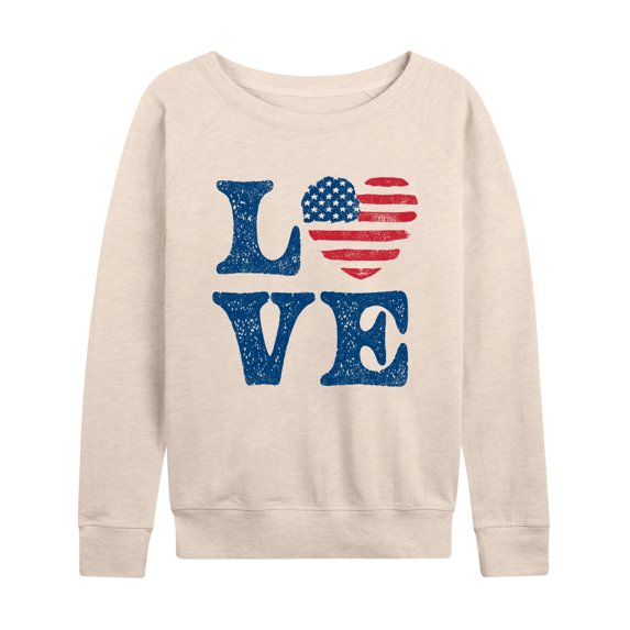 Instant Message - Vintage Love American Flag Heart - Women's Lightweight French Terry Long Sleeve Shirt