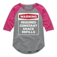 thumbnail image 1 of Instant Message - Warning - Requires Constant Snack Refills - Toddler & Youth Girls Raglan Graphic T-Shirt, 1 of 5