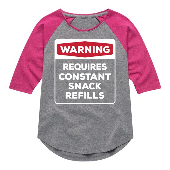 Instant Message - Warning - Requires Constant Snack Refills - Toddler & Youth Girls Raglan Graphic T-Shirt