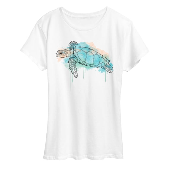 Instant Message - Watercolor Sea Turtle White Only - Women's Short Sleeve Graphic T-Shirt
