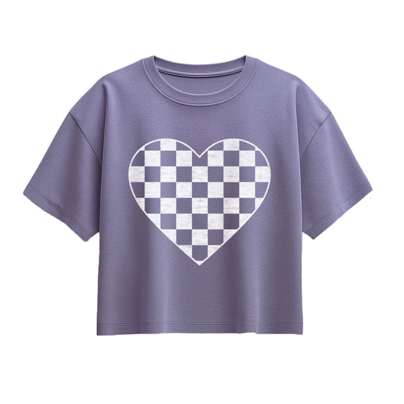 Instant Message - White Checker Heart Short Sleeve Boxy Graphic T-Shirt