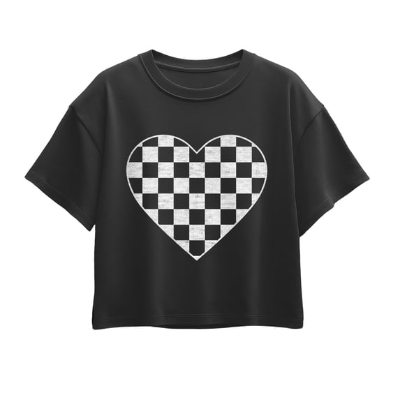 Instant Message - White Checker Heart Short Sleeve Boxy Graphic T-Shirt