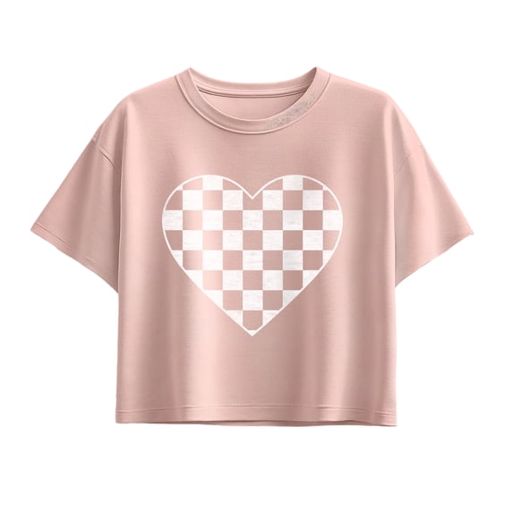 Instant Message - White Checker Heart Short Sleeve Boxy Graphic T-Shirt