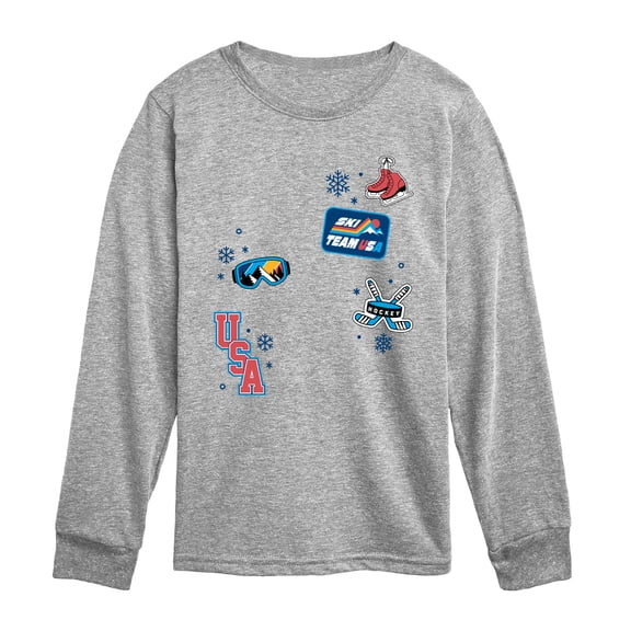 Instant Message - Winter Sports Icons - Youth Boys Long Sleeve Graphic T-Shirt