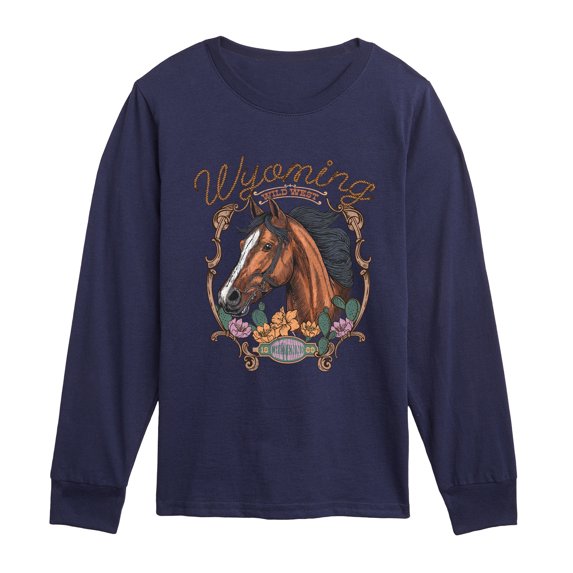 Instant Message - Wyoming Horse Flowers Long Sleeve Graphic T-Shirt