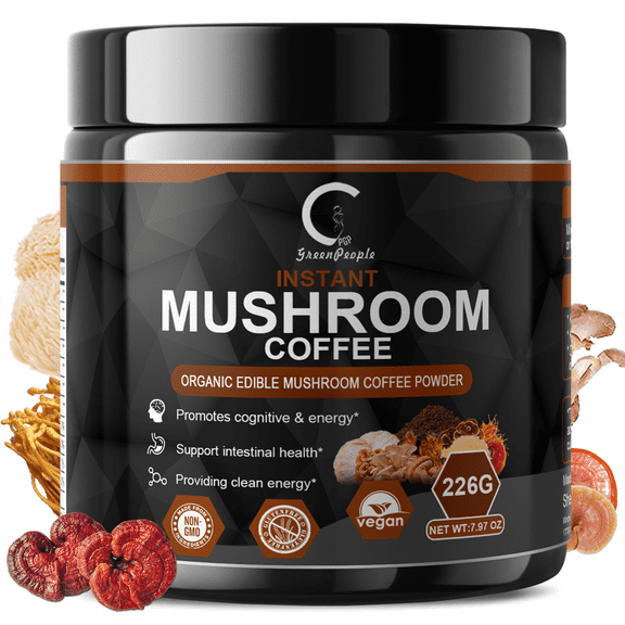 Instant Mushroom Coffee, GreenPeople Organic Mushroom Coffee Powder Supplements with Lion's Mane, Reishi, Chaga, Cordyceps, for Better Focus and Immune Support, 7.97oz