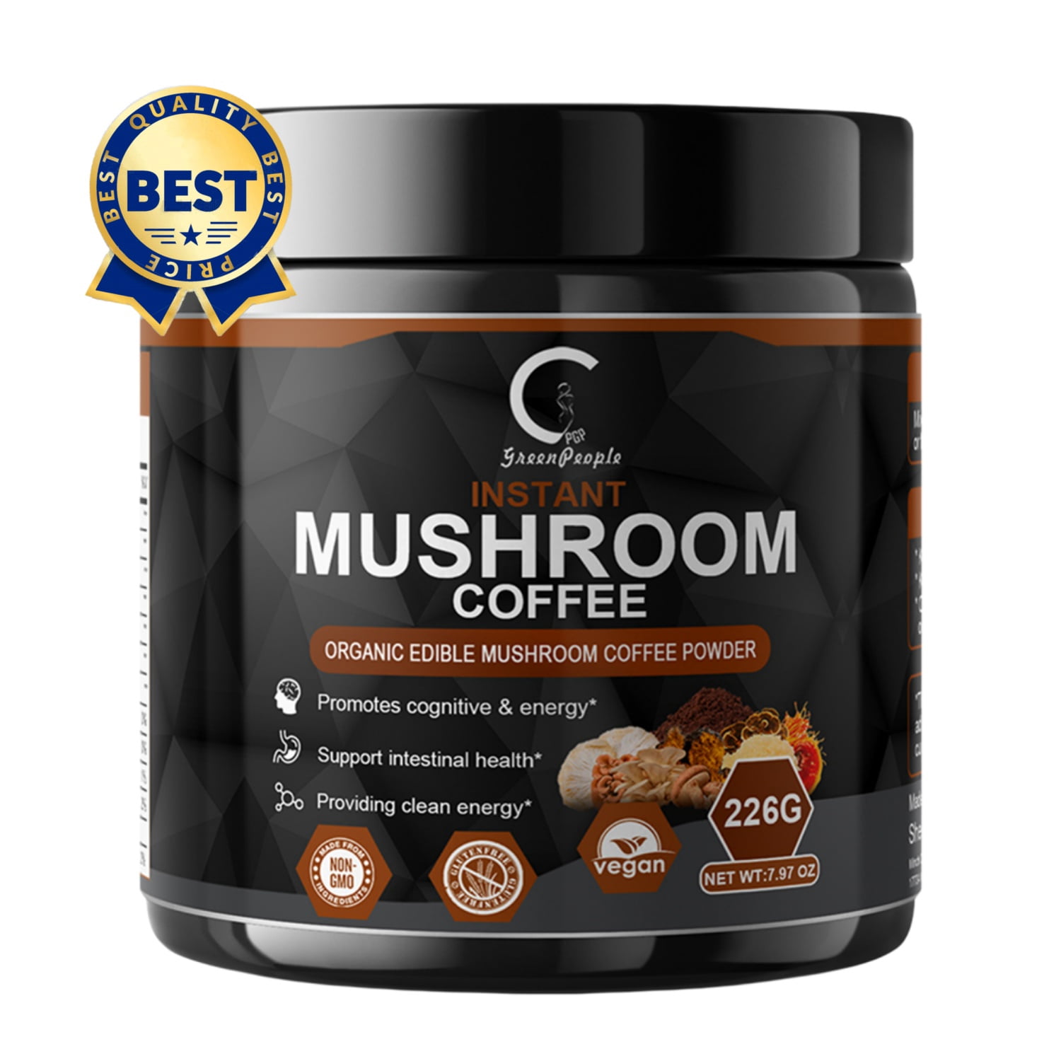 Instant Mushroom Coffee, GreenPeople Organic Mushroom Coffee Powder Supplements with Lion's Mane, Reishi, Chaga, Cordyceps, for Better Focus and Immune Support, 7.97oz