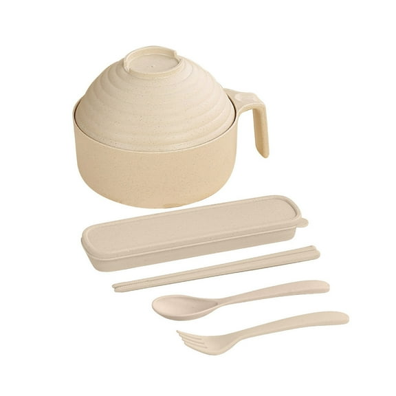 Instant Noodle Bowl Set with Lid | Microwave Safe Straw Fiber | Large Soup Bowl 33oz, Chopsticks, Spoon, Fork, Cutlery Box