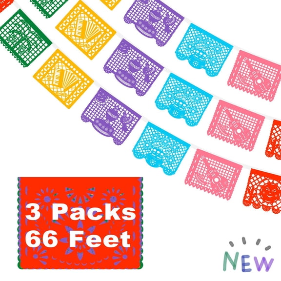Instant Party Decor, 3 Pack Mexican Papel Picado Banners with 12 Colorful Designs! Perfect for Small Gatherings & Table Backdrops