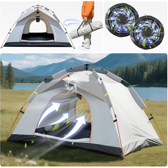 Instant Pop Up Tent for Camping - 2-3 Person Waterproof Tent with Air Circulation Fan, UPF 50+ Sun Protection, 60-Second Setup for Family and Backpacking
