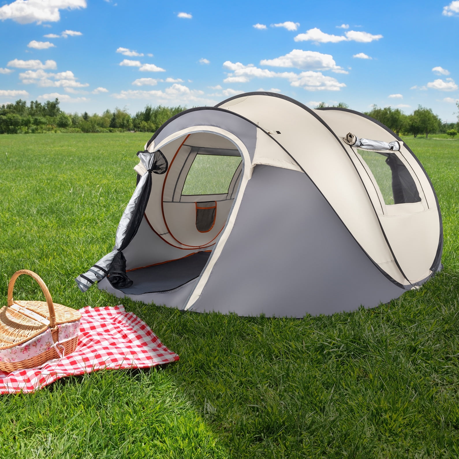 Instant Pop Up Tent, Camping Tent for 3-4 Person, Lightweight Automatic Quick Easy Setup Tent with 2 Windows for Camping,Outdoor, Hiking, Beach, Khaki