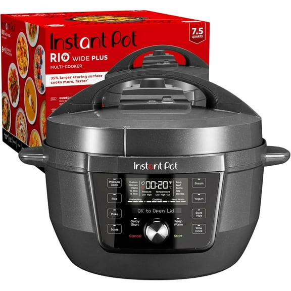 Open Box Instant Pot RIO Wide Plus, 7.5 Quarts 35% Larger Cooking Surface, WhisperQuiet Steam Release, 9-in-1 Electric Multi-Cooker, Pressure Slow Cooker, Rice Cooker, Steamer, Saut, Cake & Warmer, XL