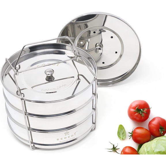 Instant Pot Stackable Insert Pans for 6 & 8 Quart, 3 Tier Steamer Insert Pans for Instant Pot Pressure Cooker, Pot in Pot for Baking, Steaming & Casseroles, 2 Interchangeable Lids and Sling