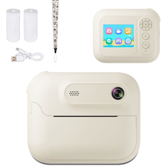 Instant Print Camera Digital Video Camera USB Rechargeable Instant Photo Printing Camera Support 17 Languages Mini Thermal Print Camera for Girls Boys Birthday Gifts (Beige)