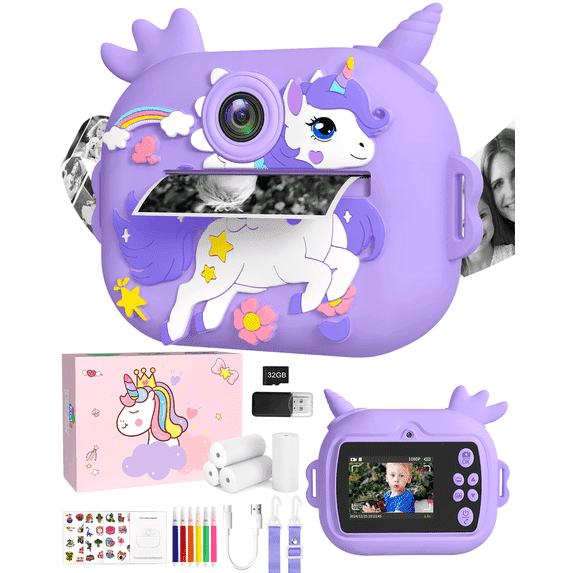 Instant Print Camera For Kids with 32G TF Card and Printing Paper, 1080P HD Kids Purple Instant Camera, Gift for Girls and Boys Ages 3-12