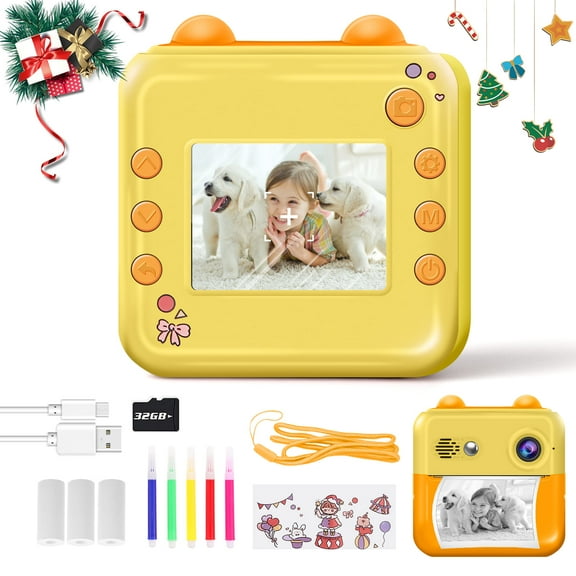 Yvagay Instant Print Camera for Kids, 1080P HD Digital Video Instant Camera for Boys & Girls 3-12 Years Birthday Gifts, with 33GB Card and Printing Paper，Yellow