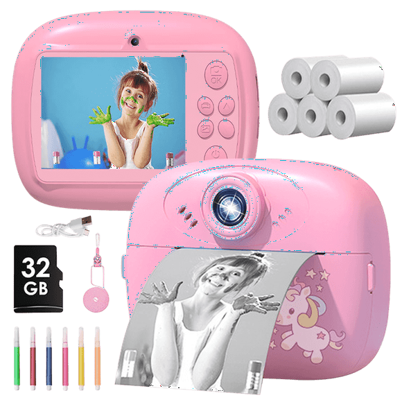 Instant Print Camera for Kids,HD Digital Cameras for Toddler,Portable Kids Cameras for Girl with 32GB Memory Card,Pink Unicorn Camera Gifts for Girls 5-12