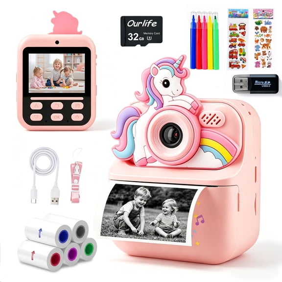 OEKE Kids Instant Print Camera with 1080P HD Video, 2.4-inch Eye-Protection Screen, 32GB SD Card and 5 Rolls Print Paper, Pink