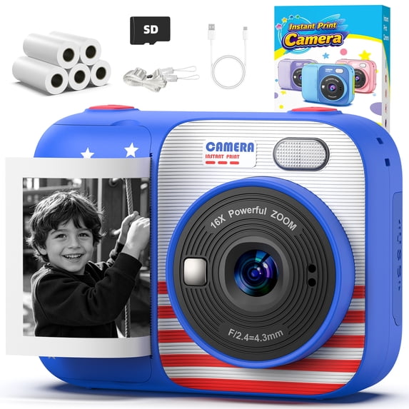Cimizi Kids Instant Print Camera with 5 Print Paper, 1080p HD Digital Toy Camera, Birthday Gifts for Boys Girls Age 3-12 Blue&Red