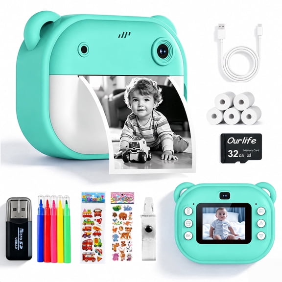 Instant Print Camera, Zero Ink Digital Toy Camera 1080P HD Dual Lens with 32GB SD Card & 3 Paper Rolls, Green