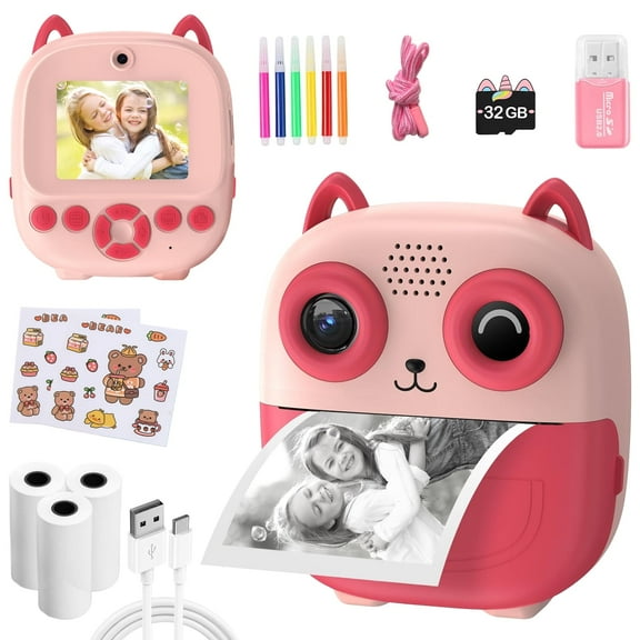 Rirool Instant Print Camera for Kids - 1080P HD, 32MP, 32GB Card, 3 Rolls Paper, Stickers, Fun Filters, Gift for Boys & Girls 3-12 (Pink)