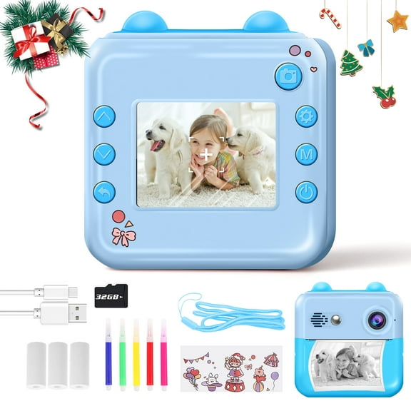 Yvagay Instant Print Camera for Kids, 1080P HD Digital Video Instant Camera for Boys & Girls 3-12 Years Birthday Gifts, with 32GB Card and Printing Paper，Blue