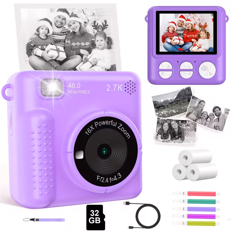 TEAMD Instant Print Camera for Kids, Digital Camera with 1080P Videos, Instant Camera for Kids 3-12Year Old Boys Girls,32G Card-Purple