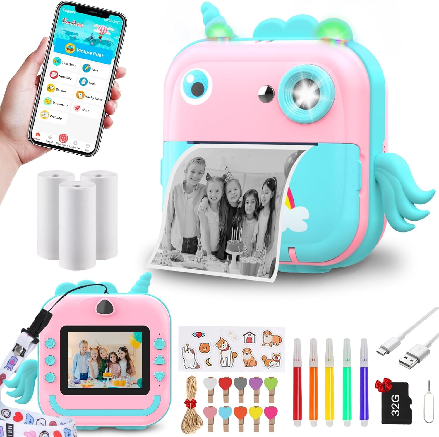 Instant Print Camera for Kids,Inkless Sticker Printer for Girls Boys