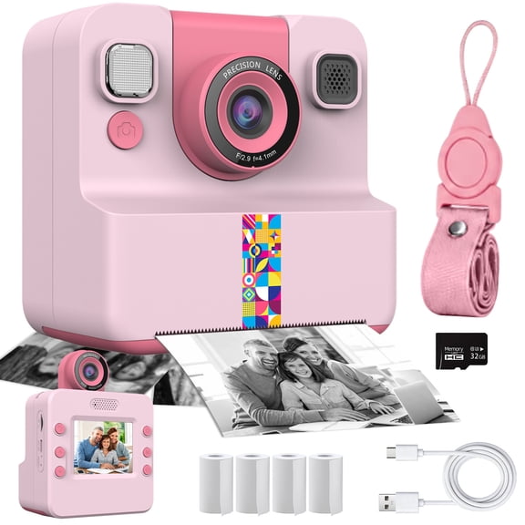WEPMOUS Instant Print Camera, 1080P Zero Ink Photo Gift with 32GB Card, Pink