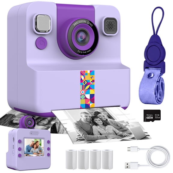 WEPMOUS Instant Print Camera, 1080P Zero Ink Photo Gift with 32GB Card, Purple