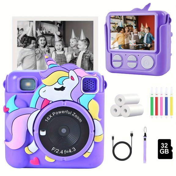 Instant-Print Kids Camera with 1080P 2.4-inch Screen Kids' Printable Camera, High-Definition Digital Camera for Children Includes photo paper and 32GB memory card Perfect Christmas or birthday gift f