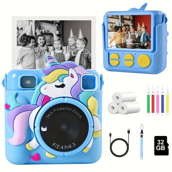 Instant-Print Kids Camera with 1080P 2.4-inch Screen Kids' Printable Camera, High-Definition Digital Camera for Children Includes photo paper and 32GB memory card Perfect Christmas or birthday gift f
