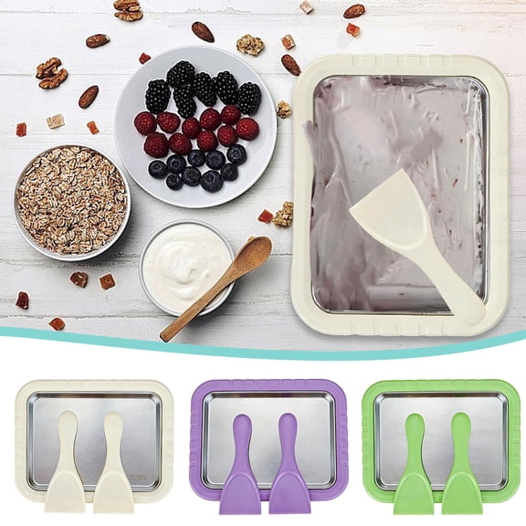 Instant Rolled Ice Cream Maker, Homemade DIY Ice Cream Tray Kit, Stainless Steel Freeze Plate with 2 Scrapers for Family Home Use
