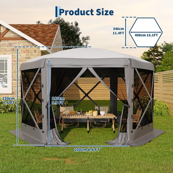 Instant Setup 13x13 ft  with 6 Wind Panels & Full Mesh Walls – All-Weather Outdoor Canopy Tent, Wind & Rain Resistant Screen Tent for Camping, Backyard, Garden, and Patio,Grey
