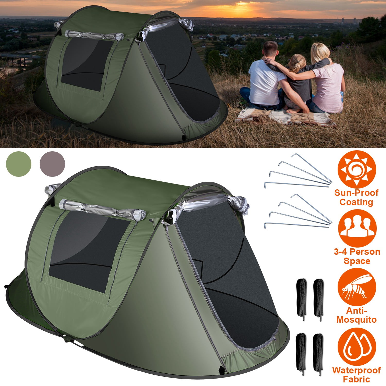 TeqHome 3-4 Person Pop Up Tents for Camping Waterproof Instant Tent with 4 Mosquito Net Windows Easy Set Up Lightweight Tent for Weekend Camping Climbing Hiking Beach Green