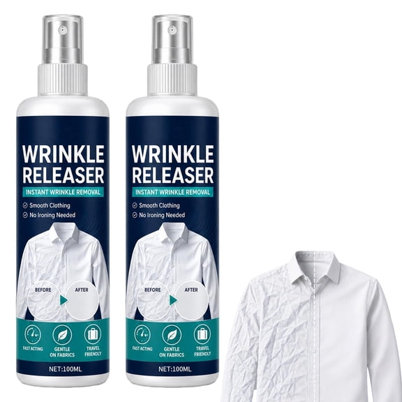 Instant Wrinkle Releaser Spray, Travel Wrinkle Release Spray for Clothes, Fabric Smoothing Mist, Anti Static Guard, No Iron, Travel-Ready, Static-Free(2Pc)