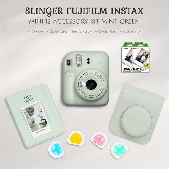 Instax Mini 12 Instant Film Camera, Mint Green, Bundle with Accessory Kit and 4x Twin Pack Daylight Film