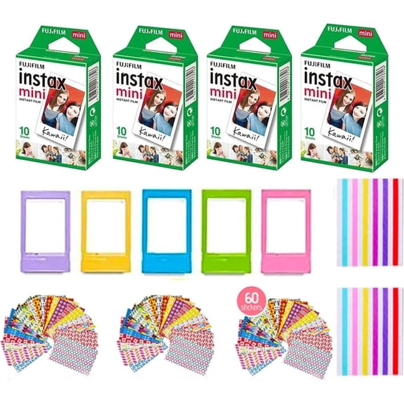 Instax Mini Instant Film (2 Pack, 40 Sheets) 5 Plastic Desk Frames + 60 Sticker Frames + 2 Packs Corner Stickers