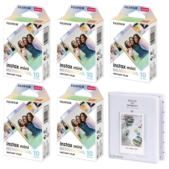 Fujifilm Instax Mini Mermaid Tail Film, 5-Packs of 10 Exposures + Slinger Photo Album for Instax Mini