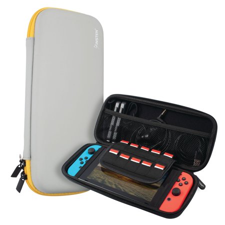 Insten Carrying Case For Nintendo Switch and OLED Model with 10 Game Card Slots and Accessories Pocket, Protective EVA Hard Travel Pouch for Girls Boys, Gray/Yellow