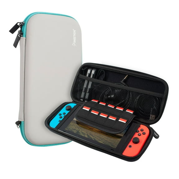 Insten Carrying Case For Nintendo Switch and OLED Model with 10 Game Card Slots and Accessories Pocket, Protective EVA Hard Travel Pouch for Girls Boys, Gray/Green