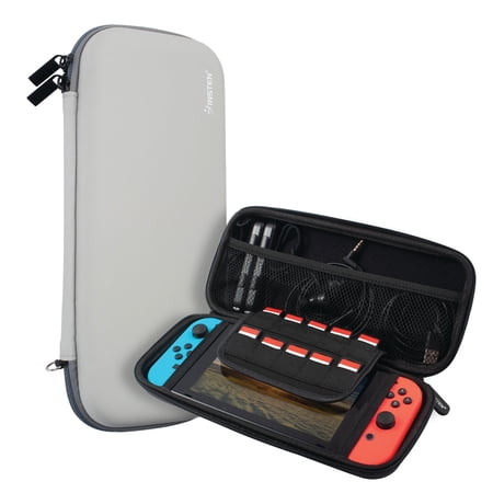 Insten Carrying Case For Nintendo Switch and OLED Model with 10 Game Card Slots and Accessories Pocket, Protective EVA Hard Travel Pouch for Girls Boys, Gray