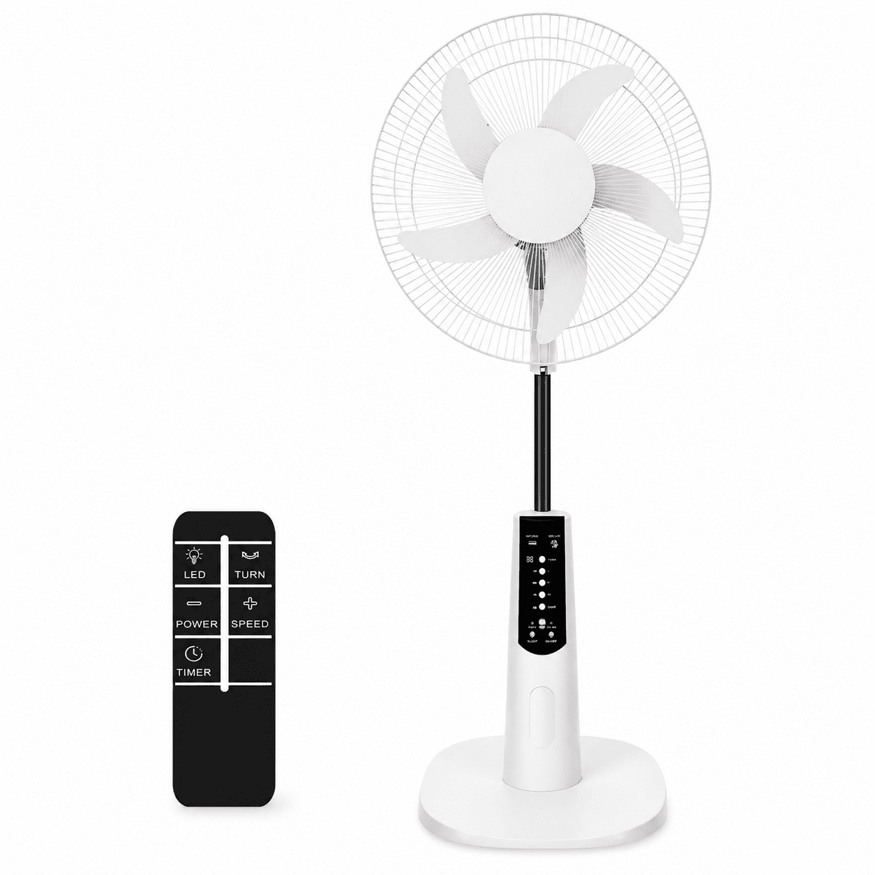 Inster 16 Inch Pedestal Fan, Rechargeable Solar Fan with 5 Speeds & Stepless Speed, 120 Oscillation, 10H Battery, USB & LED Light, Remote Control, for Home Camping RV, Black